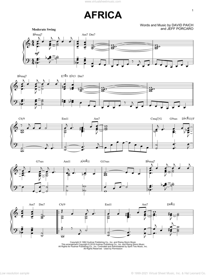 Africa [Jazz version] sheet music for piano solo by Toto, David Paich and Jeff Porcaro, intermediate skill level