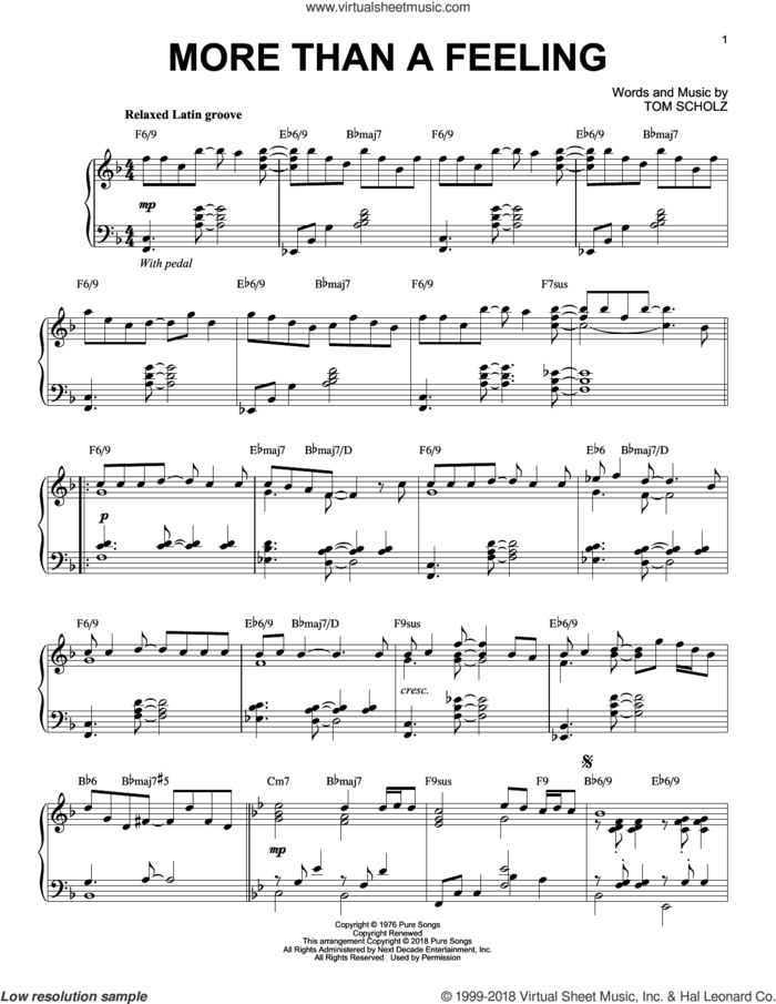 More Than A Feeling [Jazz version] sheet music for piano solo by Boston and Tom Scholz, intermediate skill level