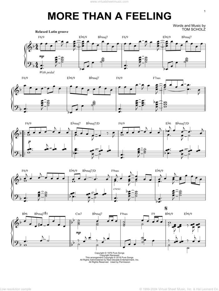 More Than A Feeling [Jazz version] sheet music for piano solo by Boston and Tom Scholz, intermediate skill level