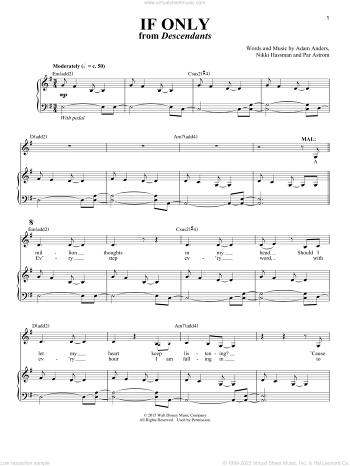 If Only (from Disney's Descendants) sheet music for voice and piano by Nikki Hassman, Dove Cameron, Adam Anders and Par Astrom, intermediate skill level