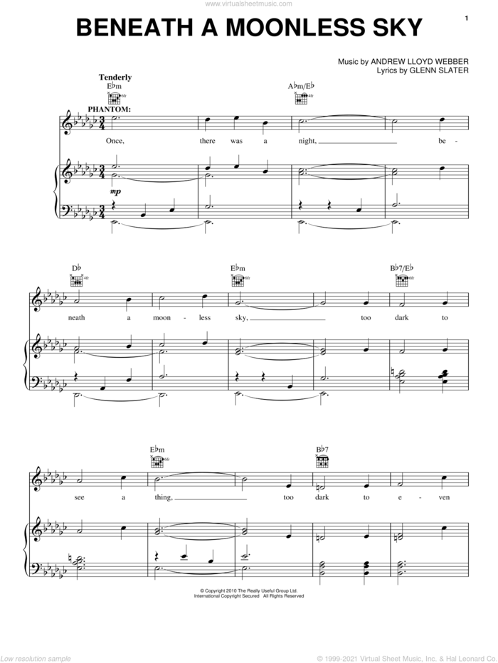 Beneath A Moonless Sky sheet music for voice, piano or guitar by Andrew Lloyd Webber and Glenn Slater, intermediate skill level