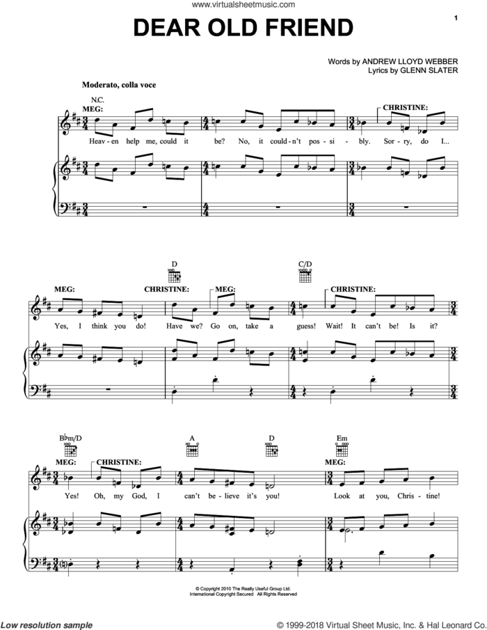 Dear Old Friend sheet music for voice, piano or guitar by Andrew Lloyd Webber and Glenn Slater, intermediate skill level