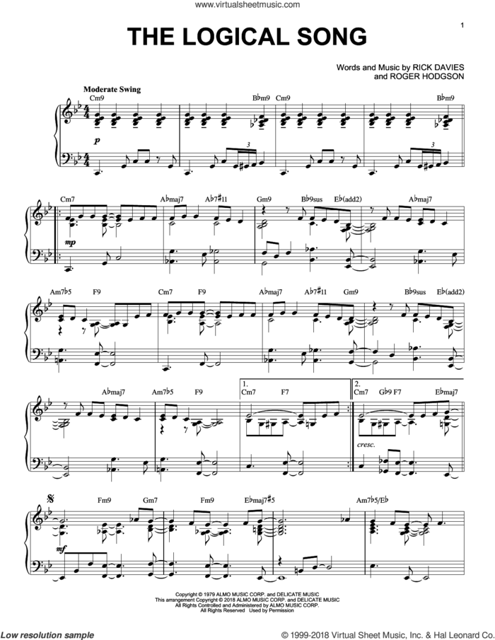 The Logical Song [Jazz version] sheet music for piano solo by Supertramp, Rick Davies and Roger Hodgson, intermediate skill level
