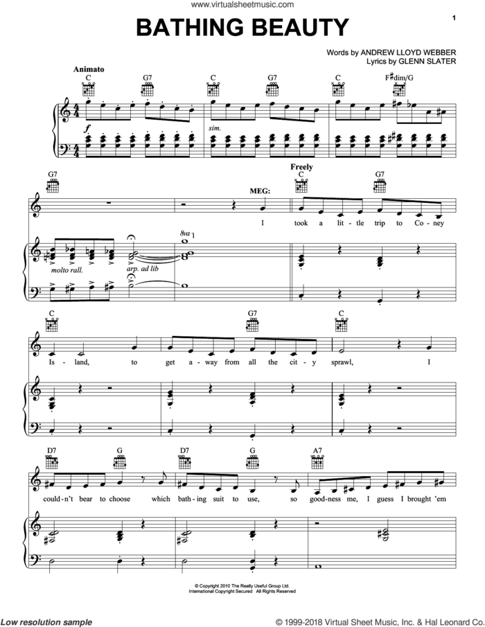 Bathing Beauty sheet music for voice, piano or guitar by Andrew Lloyd Webber and Glenn Slater, intermediate skill level