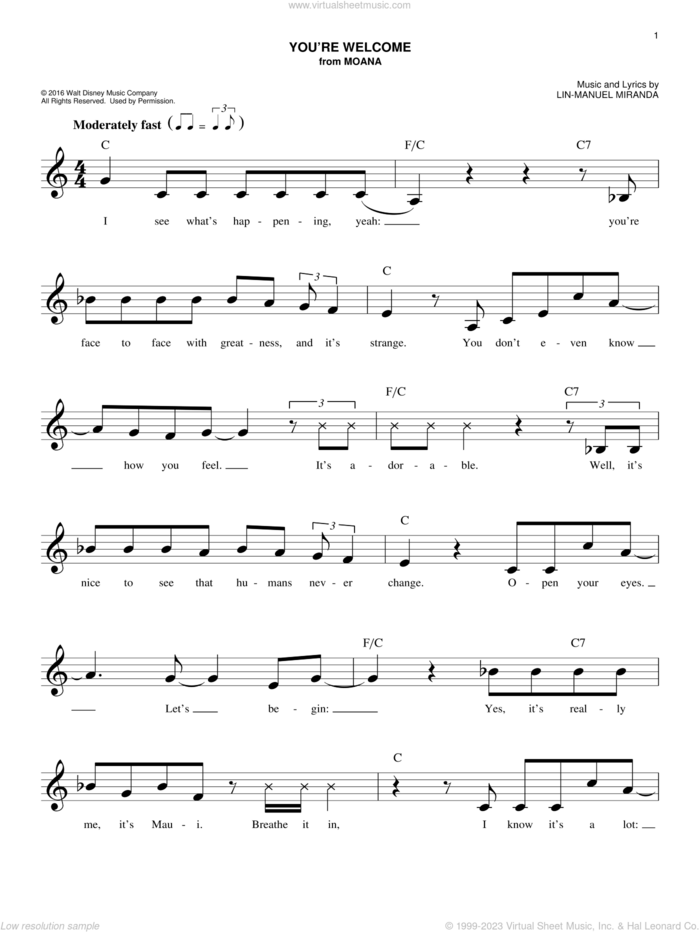 You're Welcome (from Moana) sheet music for voice and other instruments (fake book) by Lin-Manuel Miranda, easy skill level
