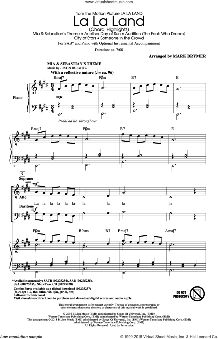 La La Land: Choral Highlights (arr. Mark Brymer) sheet music for choir (SAB: soprano, alto, bass) by Benj Pasek, Mark Brymer, Justin Hurwitz and Justin Paul, intermediate skill level