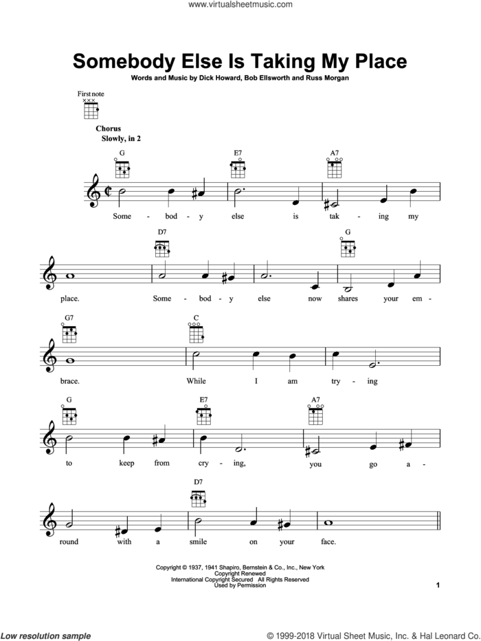 Somebody Else Is Taking My Place sheet music for ukulele by Peggy Lee, Bob Ellsworth, Dick Howard and Russ Morgan, intermediate skill level