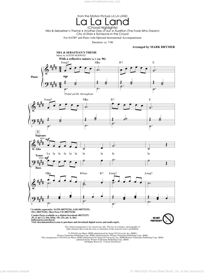 La La Land: Choral Highlights (arr. Mark Brymer) sheet music for choir (SATB: soprano, alto, tenor, bass) by Justin Hurwitz, Mark Brymer, Benj Pasek and Justin Paul, intermediate skill level