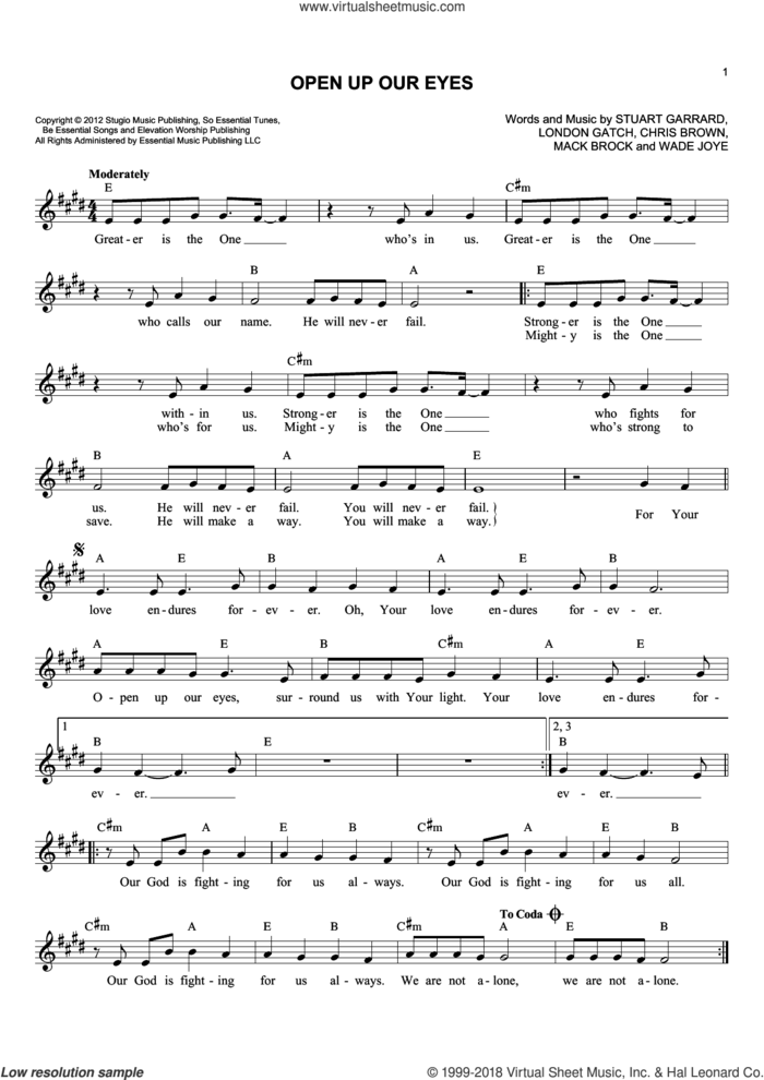 Open Up Our Eyes sheet music for voice and other instruments (fake book) by Elevation Worship, Chris Brown, London Gatch, Mack Brock, Stuart Garrard and Wade Joye, intermediate skill level