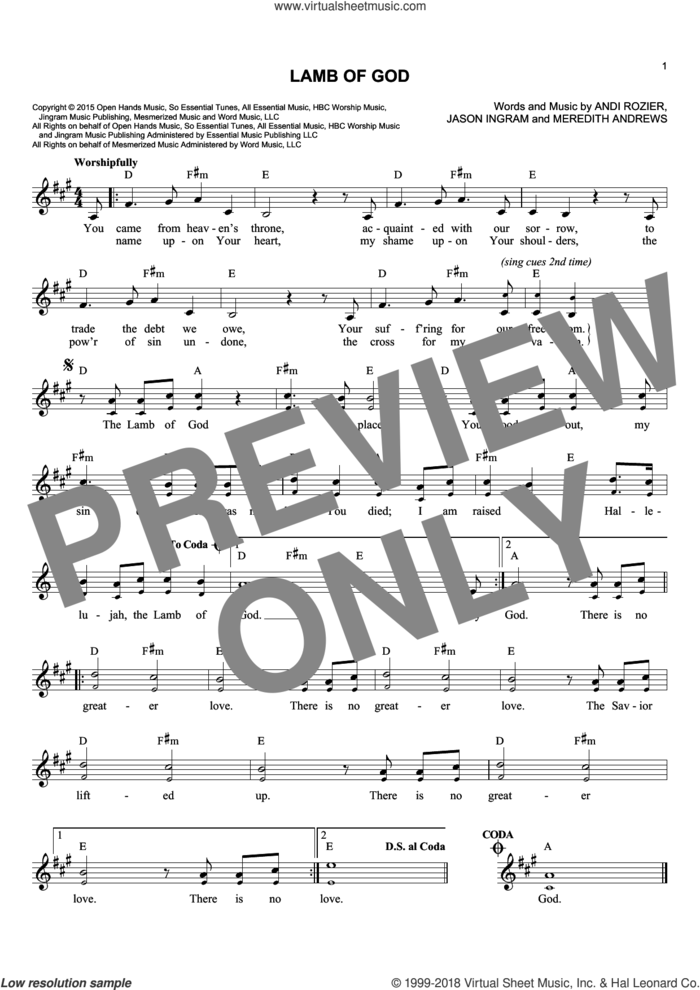 Lamb Of God sheet music for voice and other instruments (fake book) by Andi Rozier, Jason Ingram and Meredith Andrews, intermediate skill level