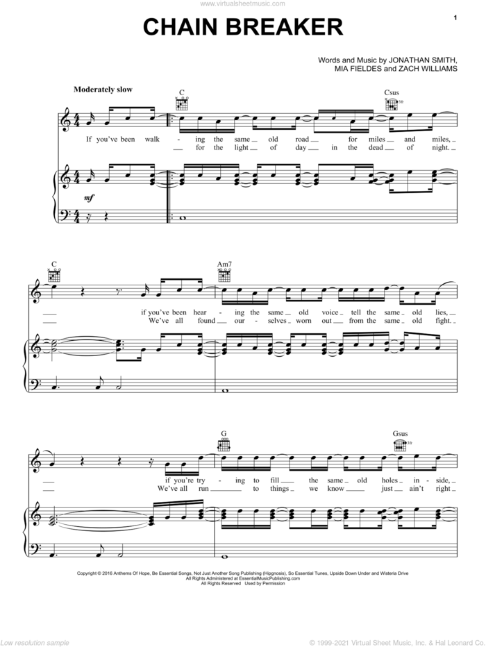 Chain Breaker sheet music for voice, piano or guitar by Zach Williams, Jonathan Smith and Mia Fieldes, intermediate skill level