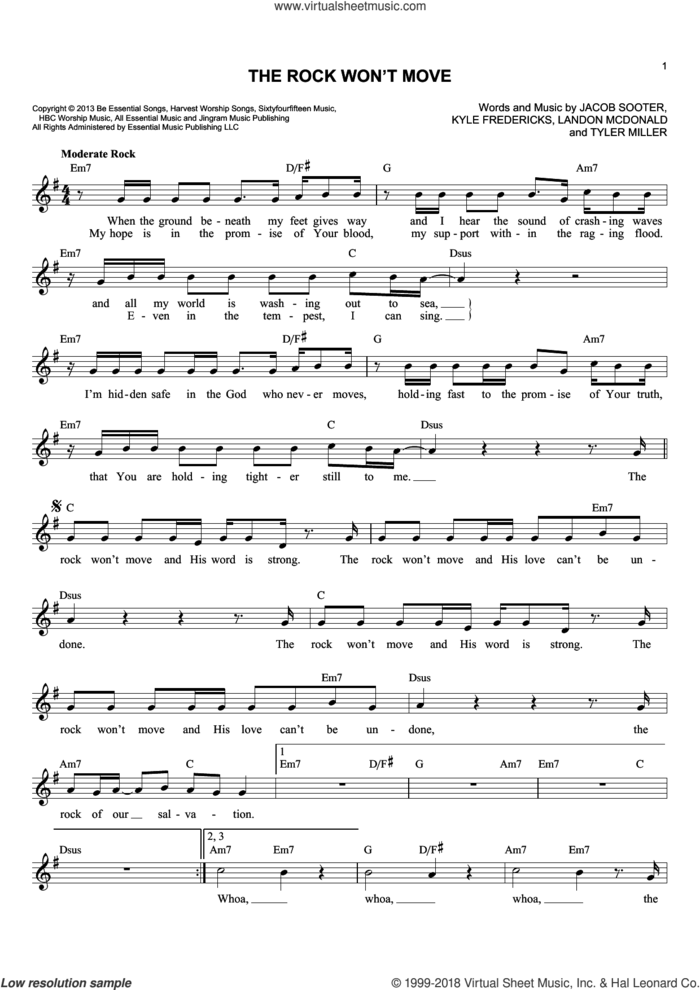 The Rock Won't Move sheet music for voice and other instruments (fake book) by Vertical Worship, Jacob Sooter, Kyle Fredericks, Landon McDonald and Tyler Miller, intermediate skill level