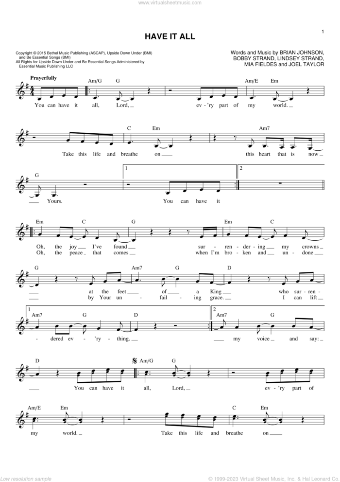 Have It All sheet music for voice and other instruments (fake book) by Lindsey Strand, Bethel Music, Bobby Strand, Brian Johnson, Joel Taylor and Mia Fieldes, intermediate skill level