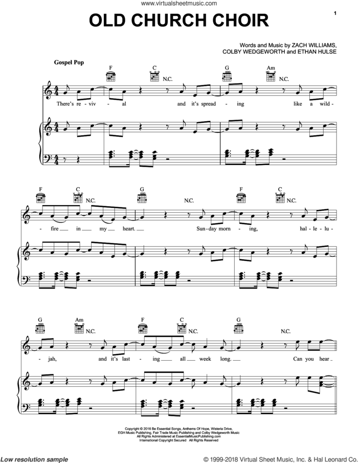 Old Church Choir sheet music for voice, piano or guitar by Zach Williams, Cody Wedgeworth, Colby Wedgeworth and Ethan Hulse, intermediate skill level