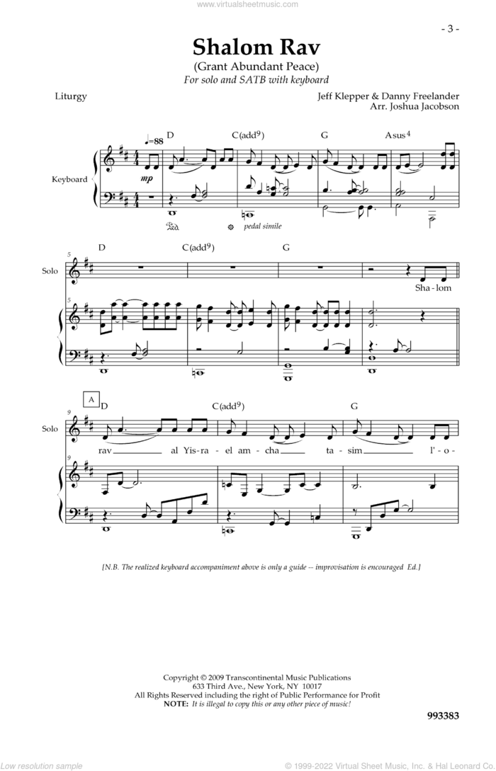 Shalom Rav sheet music for choir (SATB: soprano, alto, tenor, bass) by Joshua Jacobson, Danny Freelander and Jeff Klepper, intermediate skill level