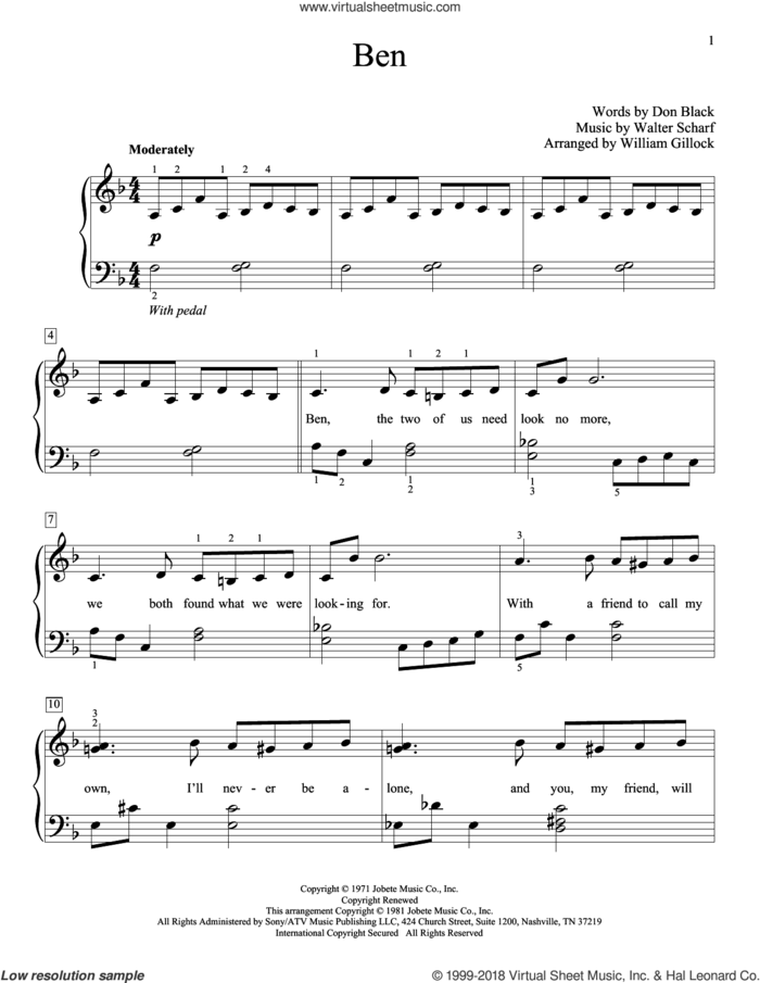 Ben sheet music for piano solo (elementary) by Don Black, William Gillock, Michael Jackson and Walter Scharf, beginner piano (elementary)
