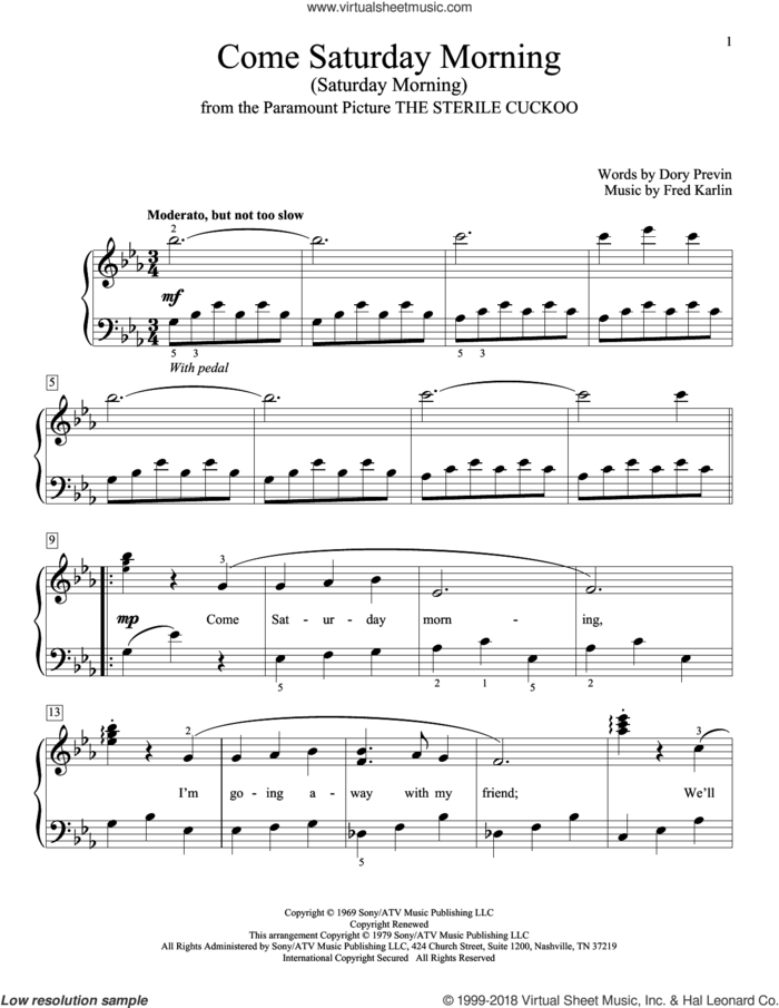 Come Saturday Morning (Saturday Morning) sheet music for piano solo (elementary) by Dory Previn, William Gillock and Fred Karlin, beginner piano (elementary)
