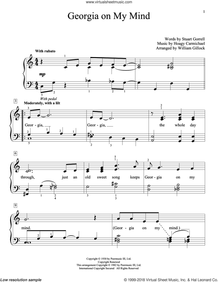 Georgia On My Mind sheet music for piano solo (elementary) by Hoagy Carmichael, William Gillock, Ray Charles, Willie Nelson and Stuart Gorrell, beginner piano (elementary)