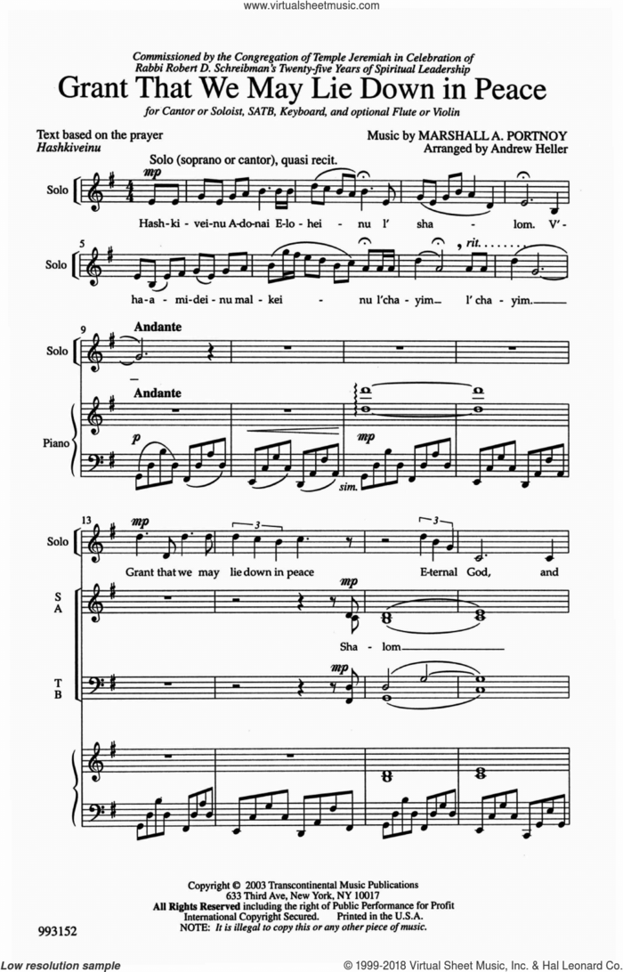 Grant That We Lie Down sheet music for choir (SATB: soprano, alto, tenor, bass) by Marshall Portnoy, intermediate skill level