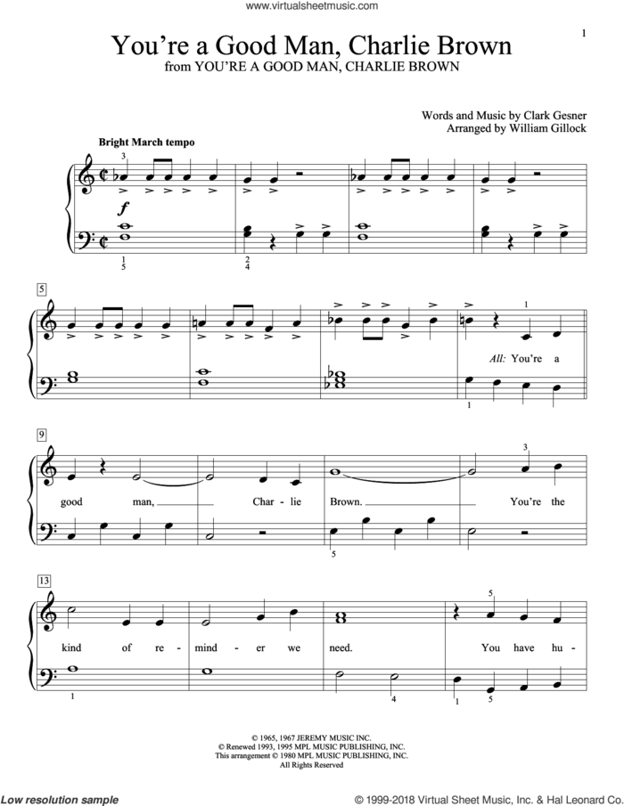 You're A Good Man, Charlie Brown sheet music for piano solo (elementary) by Clark Gesner and William Gillock, beginner piano (elementary)