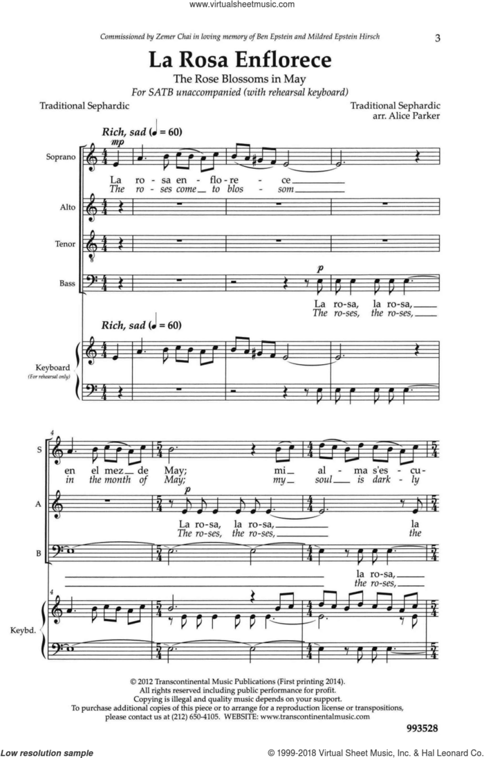 La Rosa Enflorece sheet music for choir (SATB: soprano, alto, tenor, bass) by Alice Parker, intermediate skill level