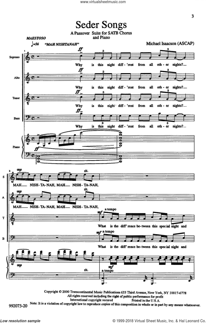 Seder Songs sheet music for choir (SATB: soprano, alto, tenor, bass) by Michael Isaacson, intermediate skill level