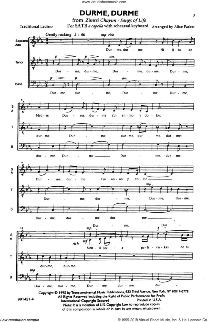 Durme, Durme (Sleep, Sleep) sheet music for choir (SATB: soprano, alto, tenor, bass) by Alice Parker, intermediate skill level