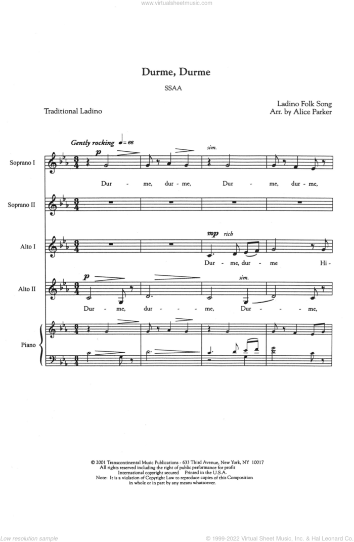 Durme, Durme (Sleep, Sleep) sheet music for choir (SSA: soprano, alto) by Alice Parker, intermediate skill level
