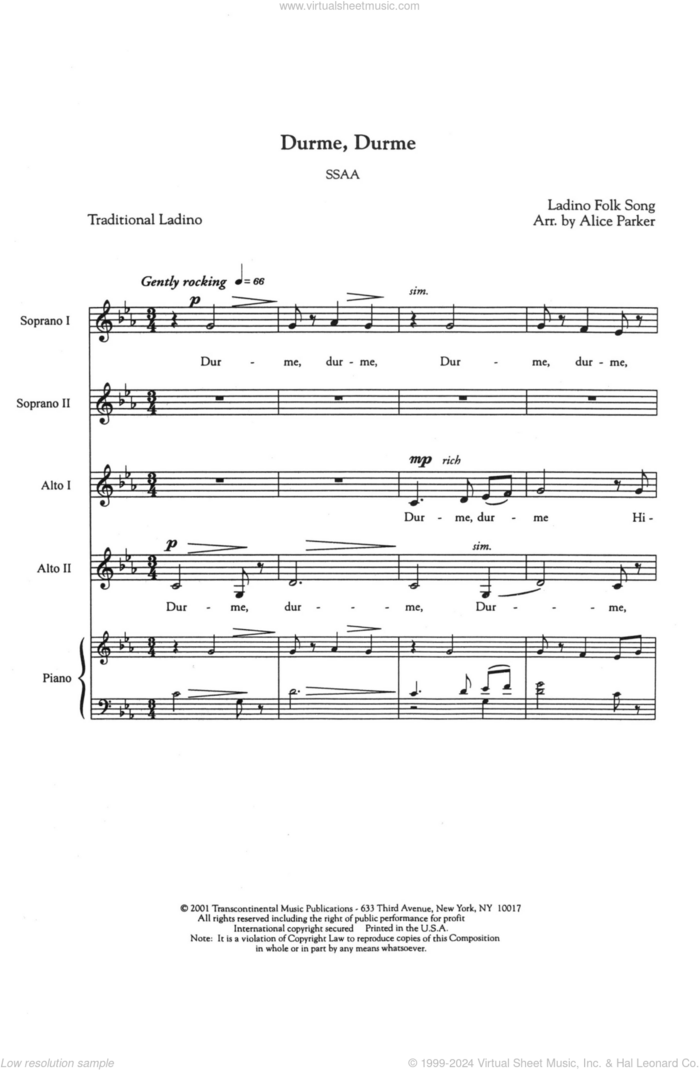 Durme, Durme (Sleep, Sleep) sheet music for choir (SSA: soprano, alto) by Alice Parker, intermediate skill level