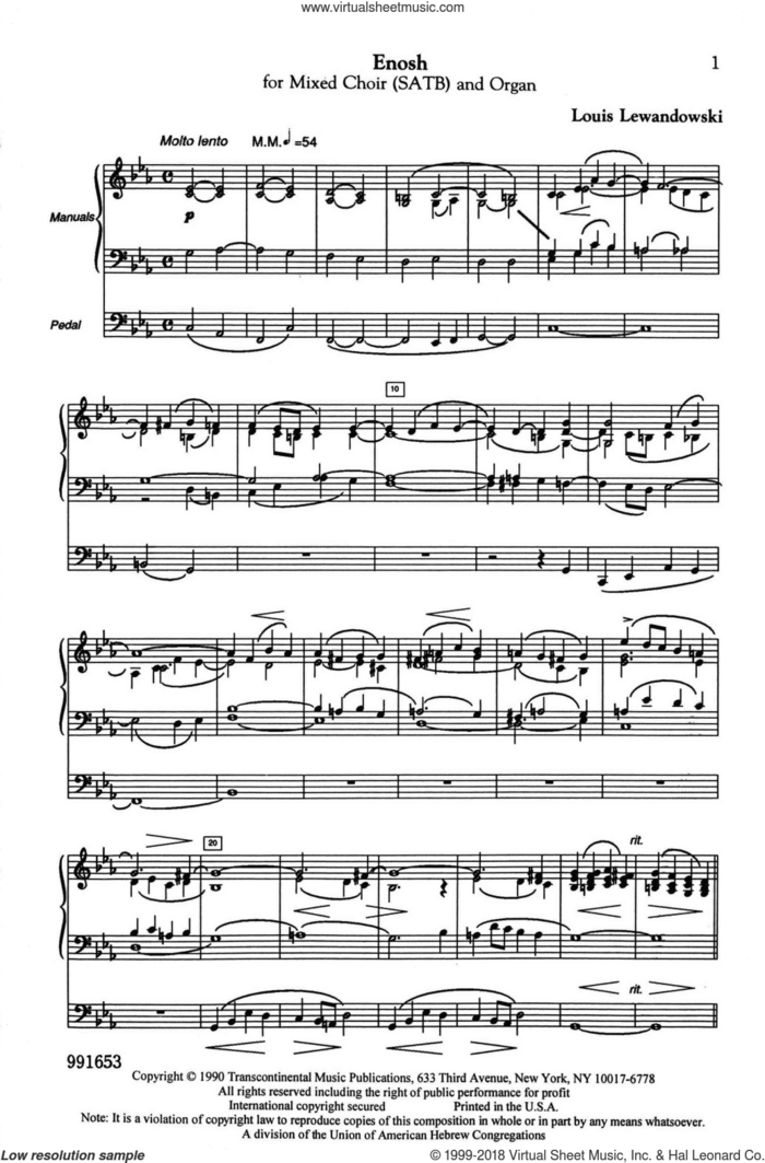 Enosh sheet music for choir (SATB: soprano, alto, tenor, bass) by Louis Lewandowski, intermediate skill level