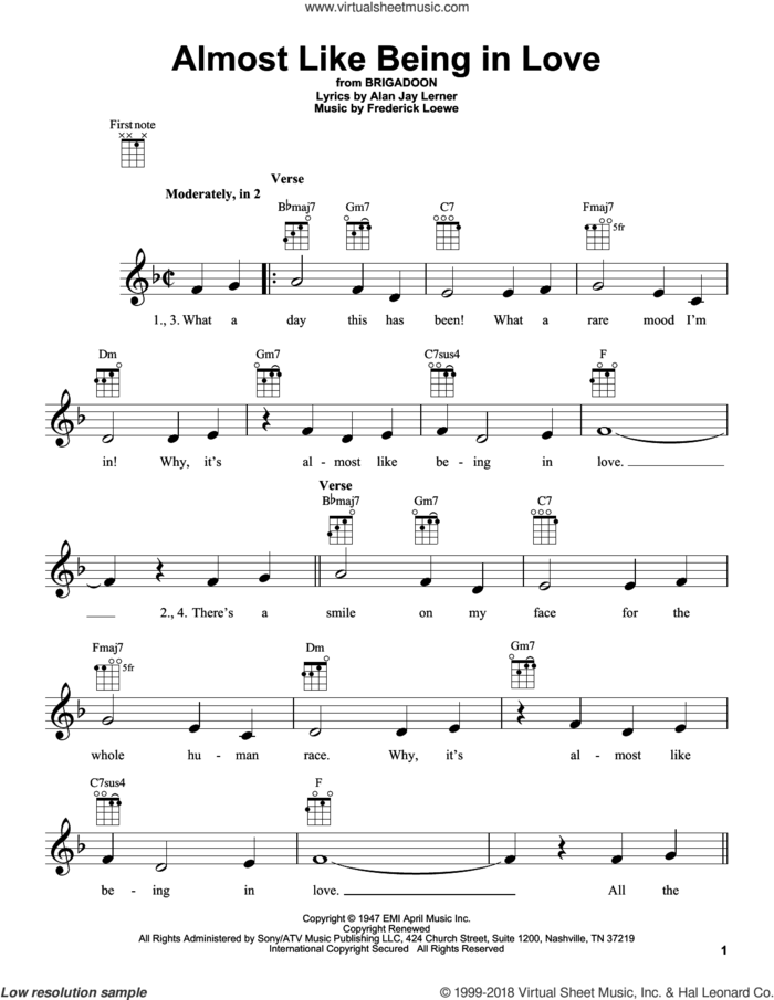 Almost Like Being In Love sheet music for ukulele by Alan Jay Lerner and Frederick Loewe, intermediate skill level