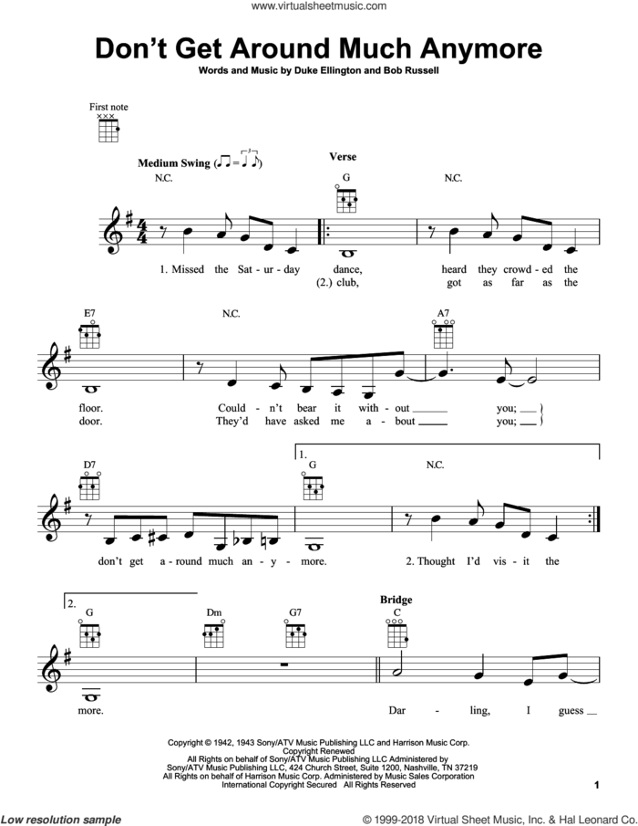 Don't Get Around Much Anymore sheet music for ukulele by Duke Ellington and Bob Russell, intermediate skill level