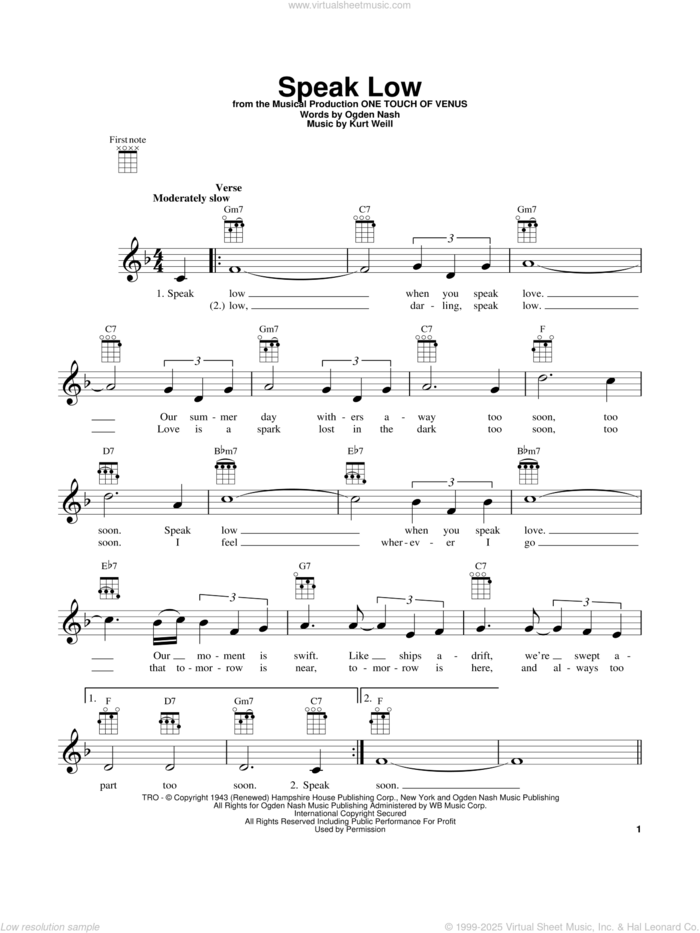 Speak Low sheet music for ukulele by Kurt Weill and Ogden Nash, intermediate skill level