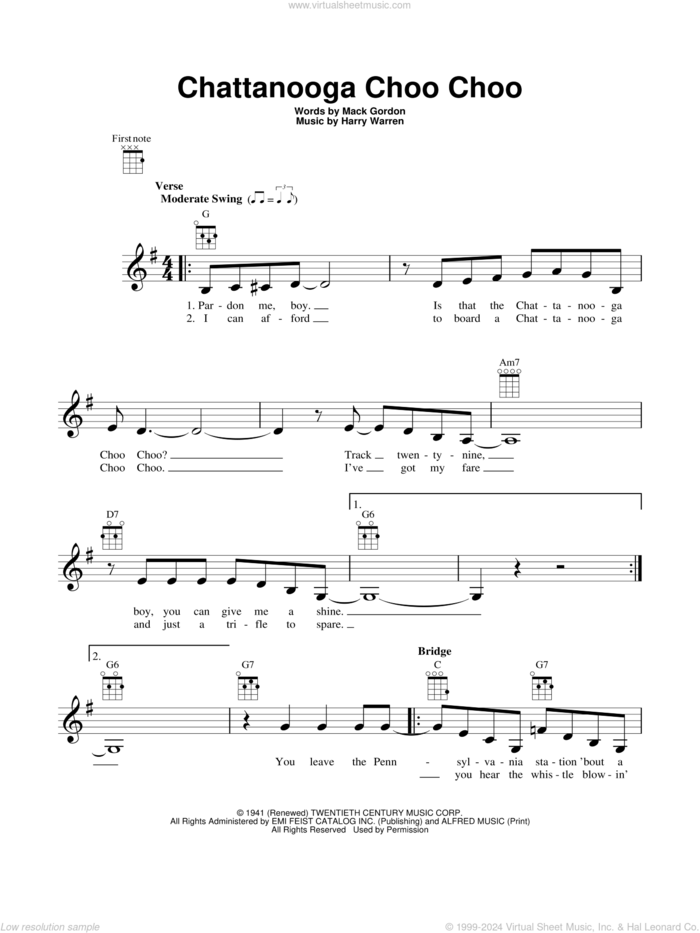 Chattanooga Choo Choo sheet music for ukulele by Mack Gordon, intermediate skill level