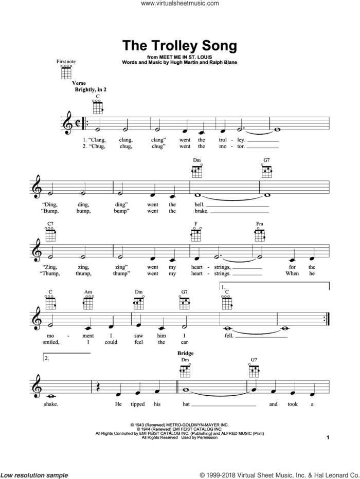 The Trolley Song sheet music for ukulele by Hugh Martin, Judy Garland and Ralph Blane, intermediate skill level