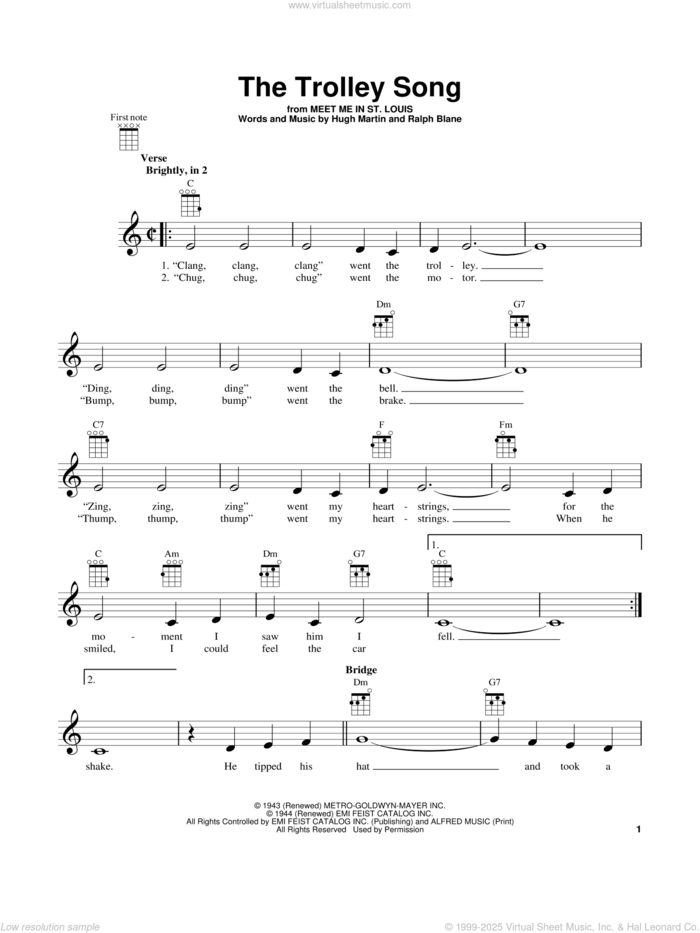 The Trolley Song sheet music for ukulele by Hugh Martin, Judy Garland and Ralph Blane, intermediate skill level