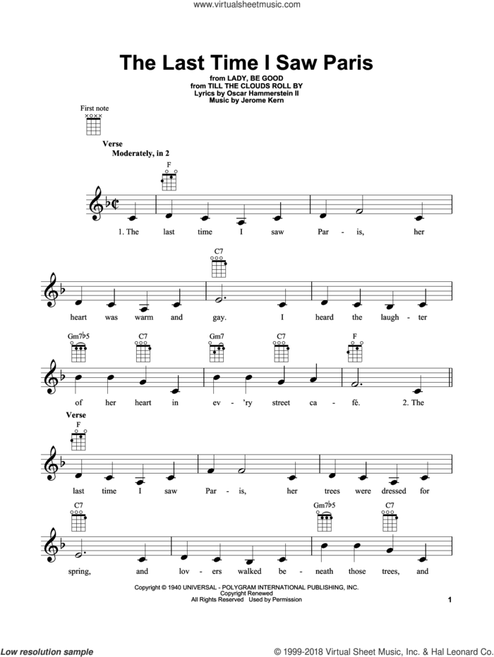 The Last Time I Saw Paris sheet music for ukulele by Oscar II Hammerstein and Jerome Kern, intermediate skill level