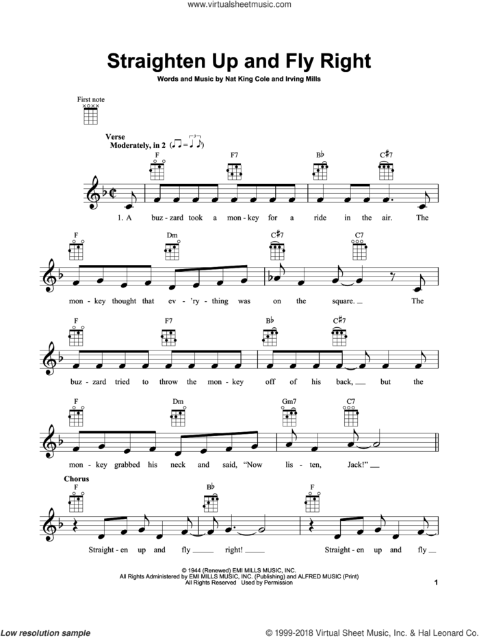 Straighten Up And Fly Right sheet music for ukulele by Irving Mills and Nat King Cole, intermediate skill level