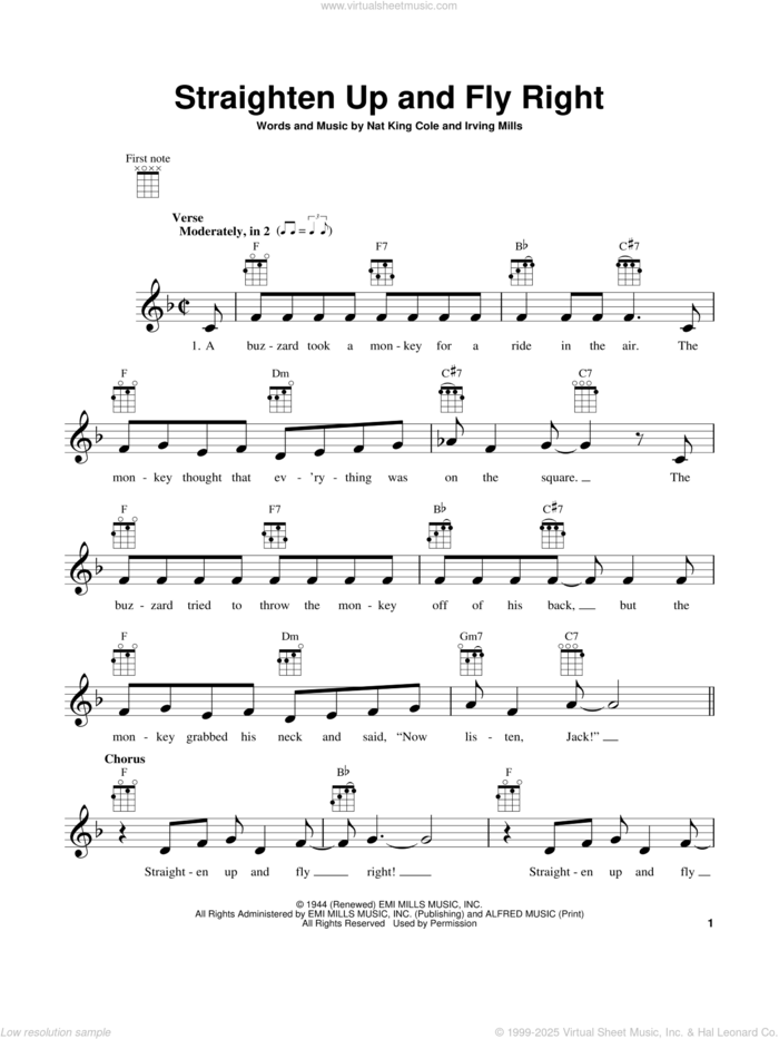 Straighten Up And Fly Right sheet music for ukulele by Irving Mills and Nat King Cole, intermediate skill level