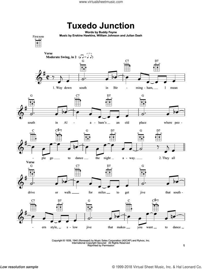 Tuxedo Junction sheet music for ukulele by Erskine Hawkins, Buddy Feyne, Julian Dash and William Johnson, intermediate skill level