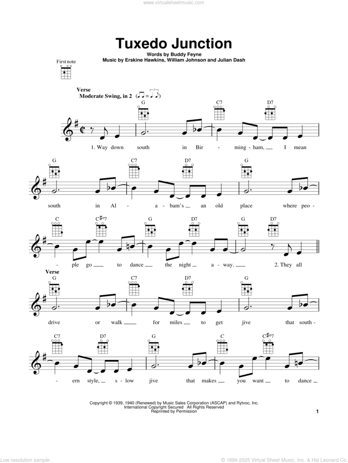 Tuxedo Junction sheet music for ukulele by Erskine Hawkins, Buddy Feyne, Julian Dash and William Johnson, intermediate skill level