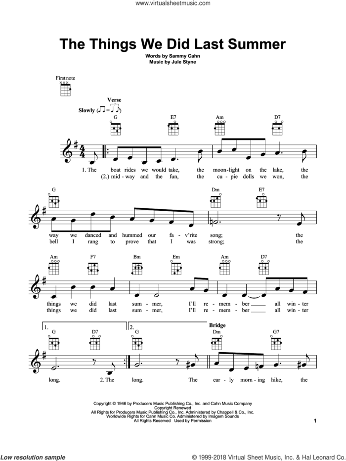 The Things We Did Last Summer sheet music for ukulele by Sammy Cahn and Jule Styne, intermediate skill level