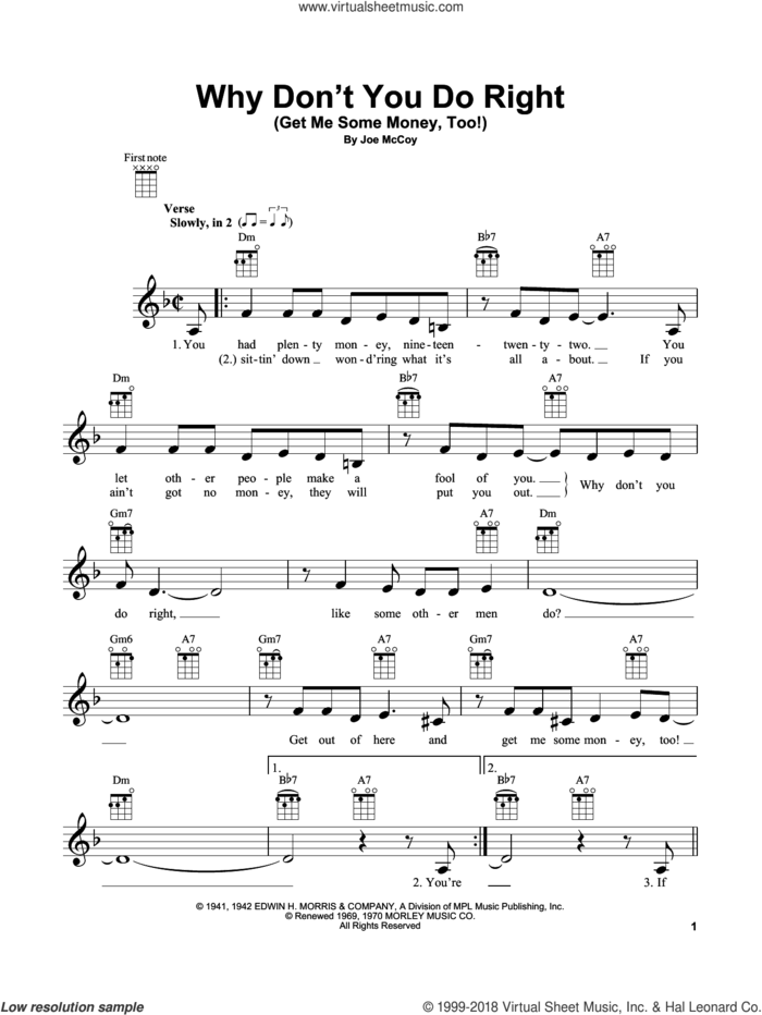 Why Don't You Do Right (Get Me Some Money, Too!) sheet music for ukulele by Peggy Lee and Joe McCoy, intermediate skill level