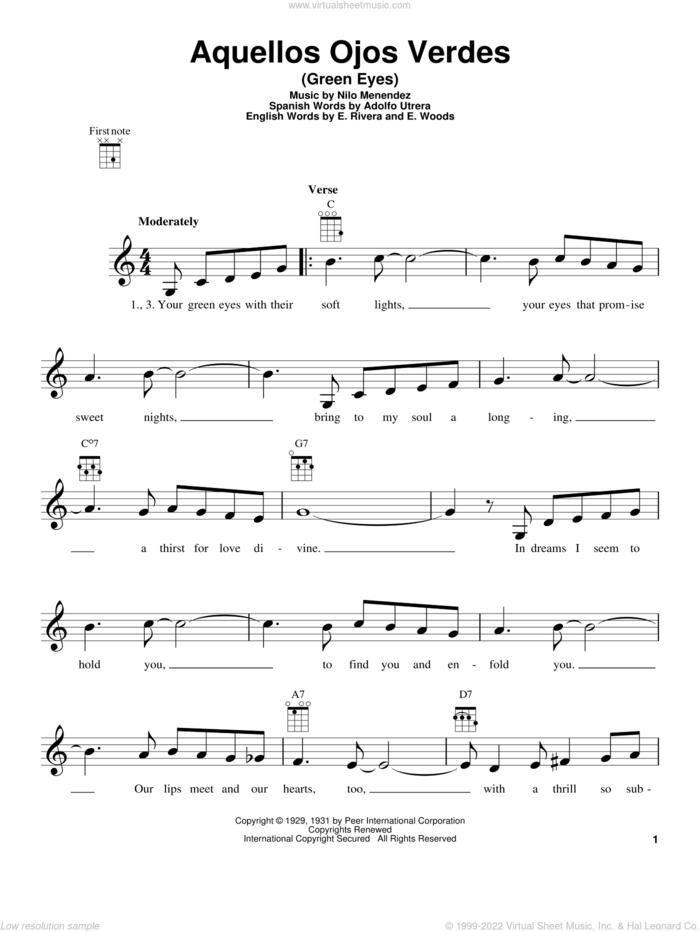 Aquellos Ojos Verdes (Green Eyes) sheet music for ukulele by Jimmy Dorsey, Adolfo Utrera, E. Rivera, E. Woods and Nilo Menendez, intermediate skill level