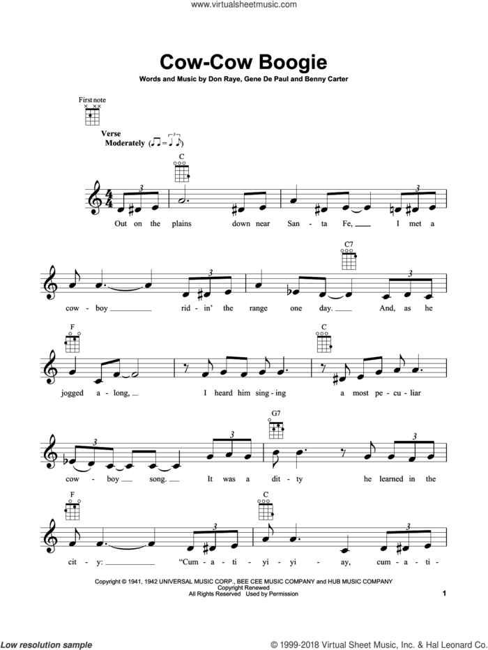 Cow-Cow Boogie sheet music for ukulele by Freddie Slack & His Orchestra, Benny Carter, Don Raye and Gene DePaul, intermediate skill level
