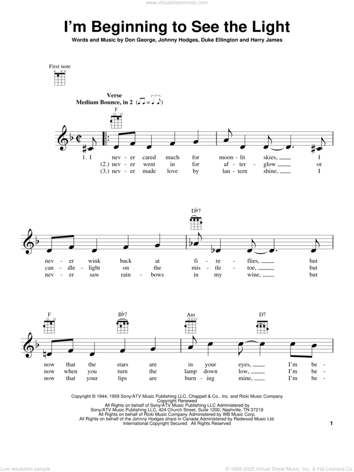 I'm Beginning To See The Light sheet music for ukulele by Duke Ellington, Don George, Harry James and Johnny Hodges, intermediate skill level