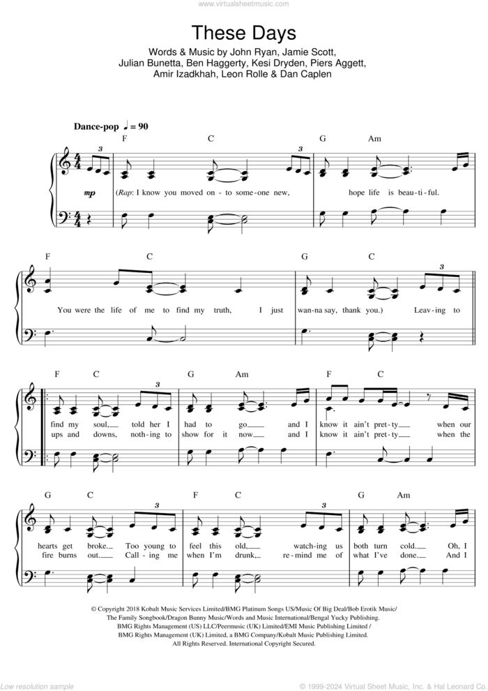 These Days (featuring Jess Glynne, Macklemore and Dan Caplen) sheet music for piano solo by Rudimental, Jess Glynne, Macklemore, Amir Izadkhah, Ben Haggerty, Dan Caplen, Jamie Scott, John Ryan, Julian Bunetta, Kesi Dryden, Leon Rolle and Piers Aggett, easy skill level