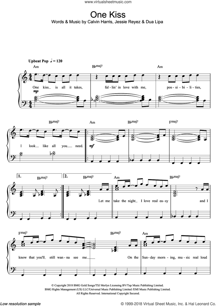 One Kiss sheet music for piano solo by Calvin Harris, Dua Lipa and Jessie Reyez, easy skill level