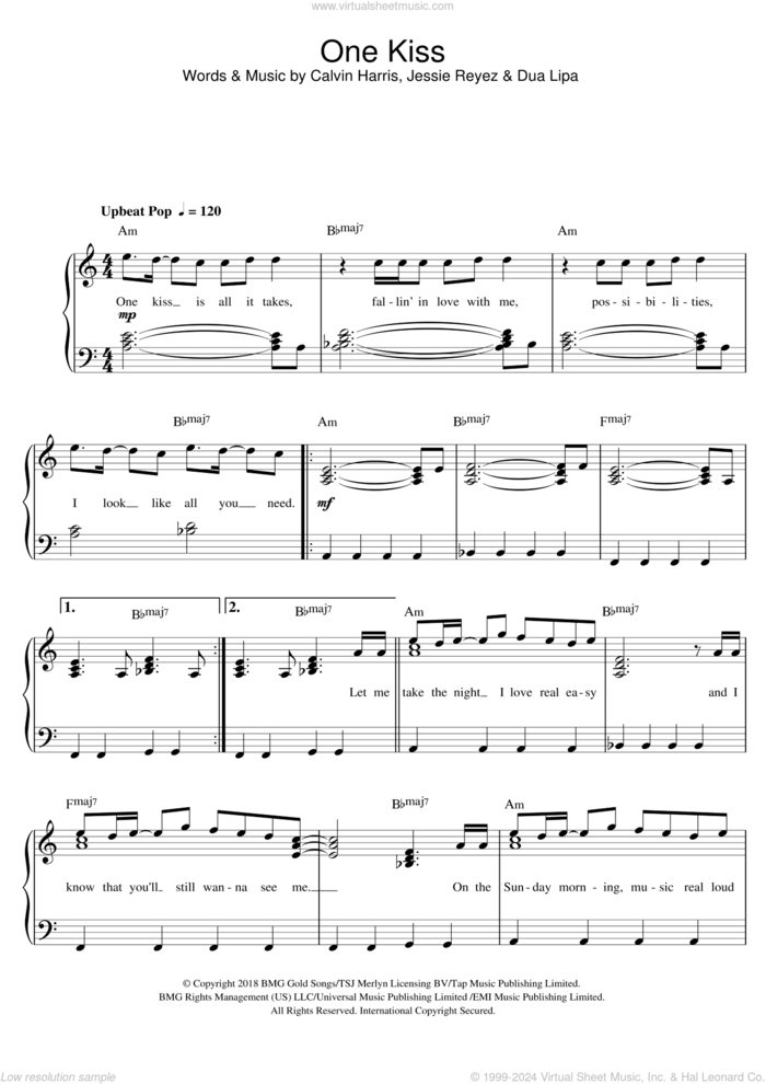 One Kiss sheet music for piano solo by Calvin Harris, Dua Lipa and Jessie Reyez, easy skill level