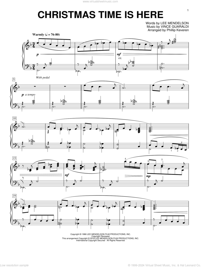 Christmas Time Is Here (arr. Phillip Keveren) sheet music for piano solo by Vince Guaraldi, Phillip Keveren and Lee Mendelson, intermediate skill level